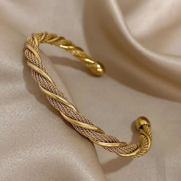 Gold Twisted Mesh Cuff Bangle Bracelet Stainless Steel Braided Retro Style - Picture 4 of 8
